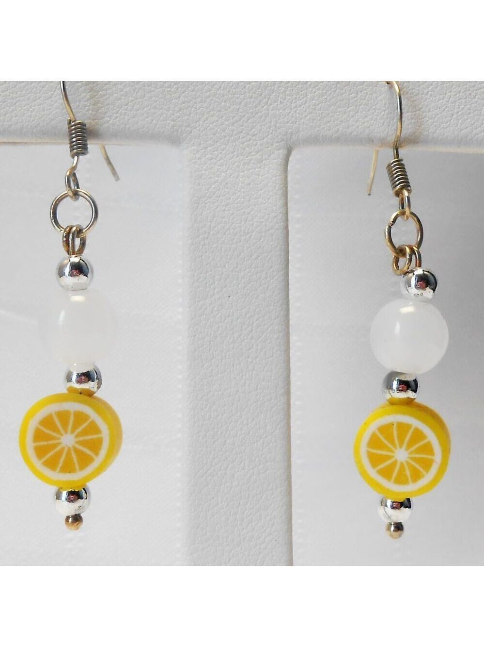 No840 Handmade earrings with polymer clay fruit-shaped beads and polished stones